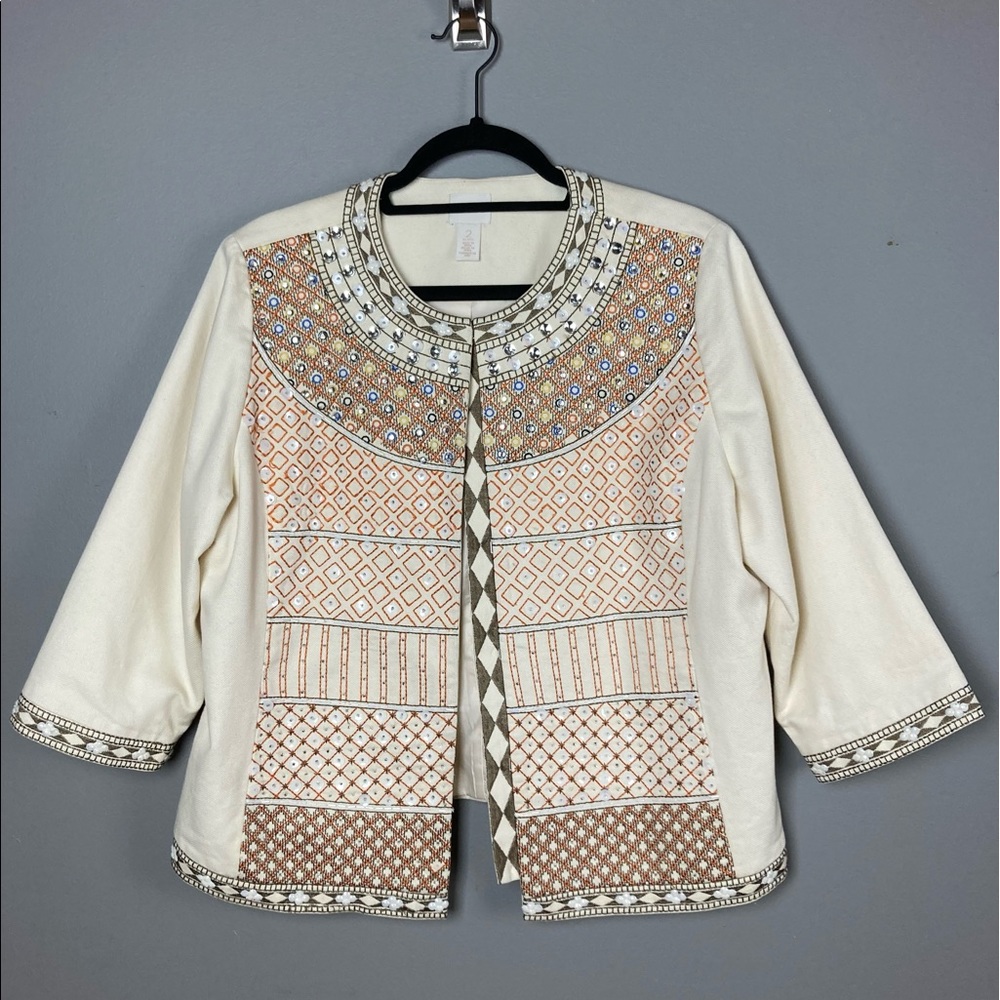 Chico's Jacket tribal Maasai inspired beaded embroidery cream brown Large / 2P‎